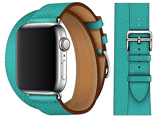 YUANYHE Leather Double Tour Strap Compatible for Apple Watch Straps 38mm 40mm 41mm 42mm 44mm 45mm, Leather Replacement Strap for iWatch Straps Series 7 6 5 4 3 2 1 SE (Emerald Green,42mm 44mm 45mm)