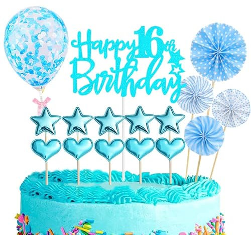 POPOYU 16 Stück Glitzer Kuchendeko 16. Geburtstag Topper, Blau, Happy 16th Birthday Kuchendeko Luftballons für 16. Geburtstag Party Kuchen Deko