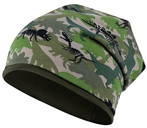 Mütze Junge Übergang Stoffmütze Beanie Kindermütze Baby Allover-Print Monster Dinosaurier, Größe: 50-52, Farbe: grün-Oliv