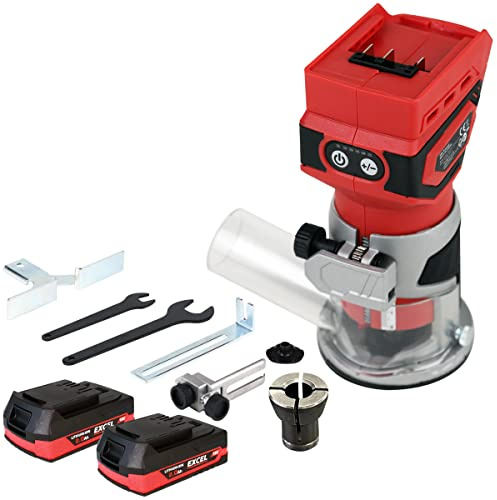 Excel 18V Cordless Router Trimmer with 2 x 2.0Ah Batteries - Chuck Capacity 6mm - Speed 12000-30000 RPM - Brushes Motor - Shaft Lock - Dust Nozzle