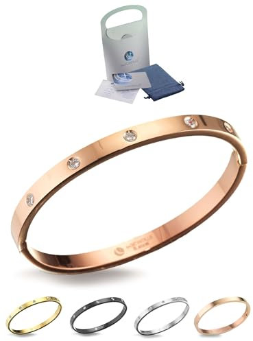 inSCINTILLE Bangles Bracelet Rigide en Acier Inoxydable pour Femme avec Boîte Cadeau Incluse (Hauteur : 6 mm - Circonférence : 18 cm, Or Rose Zircons)