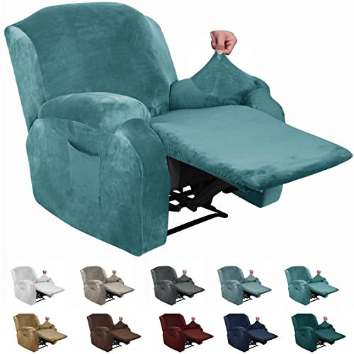 XINEAGE Samt-Schonbezug für Liegestuhl, dehnbar, mit Seitentasche, rutschfester Bezug für Liegestuhl, Couch, Möbelschutz mit elastischer Unterseite, 4 Stück (Liege, Pfauenblau)