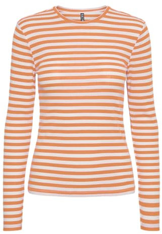PIECES Women's Pcruka Ls Top Noos Longsleeve T-Shirt, Tangerine/Stripes: Cloud Dancer, XS