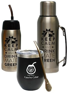 Gaucho Cebar Yerba - Juego de té mate y accesorios completos | Termo de 1 litro plateado y Yerbomos 680 ml negro, acero inoxidable mate taza de té termolid taza de 350 ml | pajita de acero bombilla 19