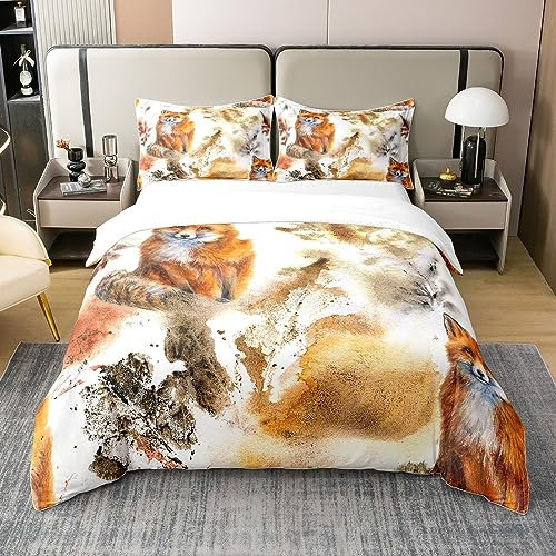 100% Natürliche Baumwolle Fuchs Bettbezug Woodland Tier Bettwäsche Set 135x200,Vintage Kaffee Braun Splash Stil Tröster Bezug,Rustikale Wild Fuchs Bett Sets mit 1 Kissenbezug Hautfreundlich