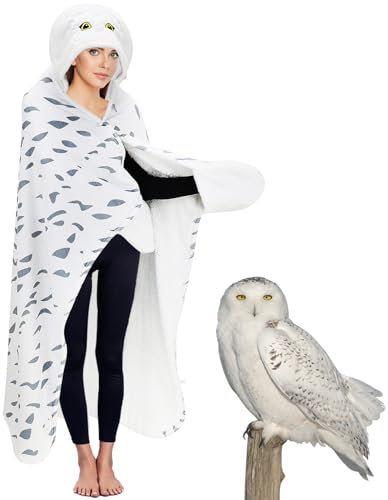 Aoyern Tragbarer Hoodie Decke, Schneeeule Kapuzendecke für Erwachsene, Umhang mit Handschuhen, Superweiche Flanell Eulengeschenke, Lustige Tierdecken für Erwachsene, Frauen und Kinder