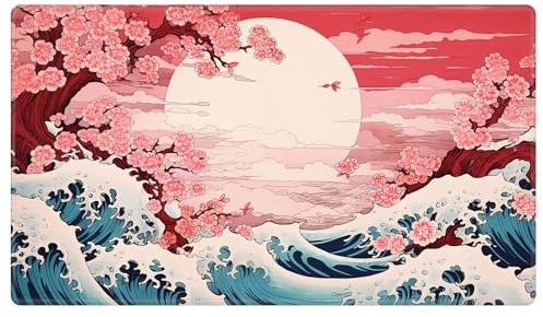 EDGFRTOIO Playmat Spielmatte, 61 x 35,6 cm, Tischmagie für MTG/TCG-Karten, Sammelkartenspiel, genähte Spielmatten, Commander-Deck, Gaming-Schreibtischmatte, Kartenspiel-Matten, japanische Sakura-Welle