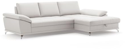 Cavadore Ecksofa Castiel mit Federkern / Eckcouch mit großem Longchair, Sitztiefenverstellung und mattschwarzen Metallfüßen / 301 x 89 x 176 / Echtleder, Weiß