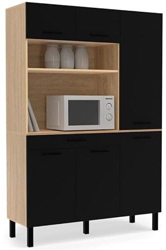 IDMarket - Buffet de cuisine avec colonne de rangement 120 CM CINA 6 portes + tiroir façon hêtre et noir