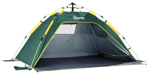 Outsunny 2 Man Pop-up Tent Beach Tent Sun Shelter w/Windows Doors Hook Sandbags UV Protection Waterproof Outdoor Adventure Garden, Green