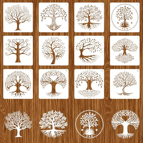 12 Stück Baum des Lebens Schablone, Schablonen Wiederverwendbar, Schablonen Vintage, Malen Schablonen aus PET-Material, Geeignet für Wanddekorationen, Möbel, Holzschilder und Kleidung