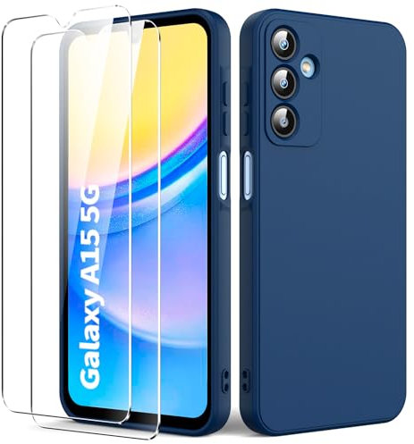 Byvuwiay Coque pour Samsung Galaxy A15 4G/5G, avec 2 Verre Trempé écran Protecteur, Etui Housse TPU Mince Souple Antichoc Case pour Samsung Galaxy A15 4G/5G, Bleu