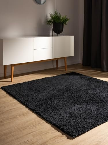 benuta Basic Hochflorteppich Soho - schwarz 160x160 cm - Kuschelig Weicher Teppich im Minimalistischen Look - Pflegeleicht - Fußbodenheizung Geeignet