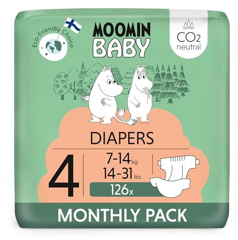 Moomin Baby Öko Windeln Größe 4, 7-14 kg, 126 Stück Monatsbox, Weiche Premium Windeln | Weich und hautfreundlich, Atmungsaktiv, Saugfähig, Keine unnötigen Chemikalien |
