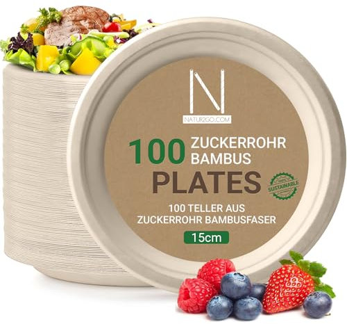 NATUR2GO Assiettes jetables bio de 15 à 26 cm en fibre de bambou de canne à sucre, plus durables et plus stables que les assiettes en carton. (50, 15 cm)
