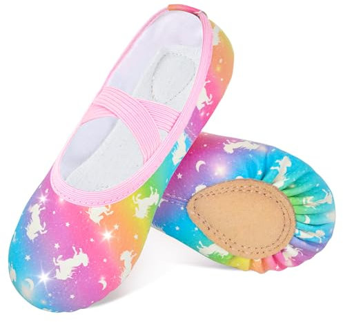 OlyPegic Ballettschuhe für Mädchen, Kleinkind, Tanz, Praxis, Ballett, Hausschuhe, weiches PU-Leder, Flache Schuhe für Kinder, Sohle, Yoga, Gymnastik, Rosa, Einhorn