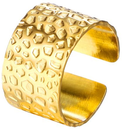 JewelryWe Gold Offener Ring Damen: 12mm breit Edelstahl Vergoldet Verstellbar Dick Goldring Chunky Statement Fingerringe Gehämmert Relieftextur Band Ring Daumenring Geschenk für Männer Frauen
