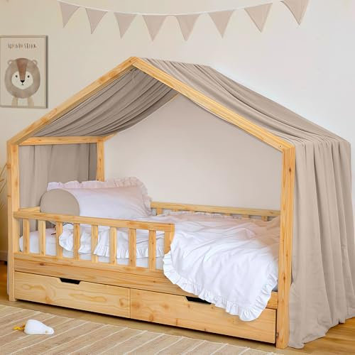 Hausbett Himmel Deko Set, Betthimmel Hausbett aus Musselin - 1 Betthimmel & 1 Wimpelkette, für Jungen Mädchen Deko für Kinderzimmer, Baldachin Kinderzimmer Deko I 135 x 360cm Hellbeige