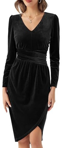 GRACE KARIN Damen Sexy Cocktail Abendkleid Elegant V-Ausschnitt Brautjungfern Hochzeit Kleid Etuikleid Einfarbig Cocktailkleid Bodycon mit Plissee Schwarz L