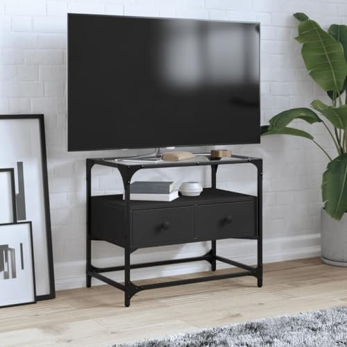 Homgoday Meuble TV avec plateau en verre noir 60 x 35 x 51 cm en bois multicouche, meuble TV salon, meuble bas pour TV de salon industriel, support TV