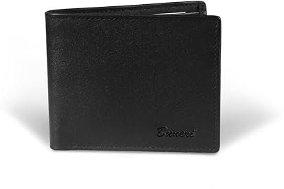 BUNERI Herren Geldbörse aus echtem Leder mit RFID-/NFC-Schutz, Kreditkartenetui im minimalistischen Design aus Rindsleder, mit Geschenkbox – Schwarz, braun, 12cm x 10cm x 3cm, Minimalistisch