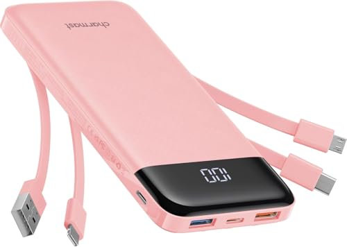 Charmast Power Bank with Built in Cables X 4, 10000mAh USB C Battery pack 6 Outputs 3 Inputs with LED Display Type C Powerbank Portable Charger Compatible with Smartphones Tablets and More