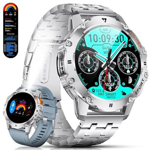 ESFOE Smartwatch Uomo Militare con Torcia LED,1.43 AMOLED Orologio Smartwatch Uomo con 500mAh 5ATM Impermeabile, 110+ Modalità Sportive Fitness Tracker Smart Watch con Chiamate Whatsapp Argento