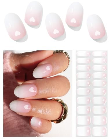 AutyaMee Semi Cured Gel Nail Strips (Gradient Pink Love) - 20 PCS Heart-Shaped Gel Nail Wraps | Salon Quality & Easy To Use | UV Light Required