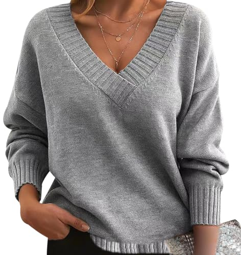 Jersey Cuello V Mujer Jerséis Mujer Pullover Sweater Women Sueter Punto Mujer Manga Larga Invierno Primavera Jerseys Mujeres Jersey de Cuello Pico Oversize Punto Ancho Señora Suéter Tejido para Mujer