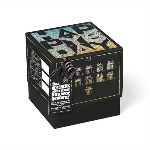SURPRISA Geschenkbox Rätselbox Happy Bday – Schwarz mit Glitzerfolie – kreative Verpackung für Geburtstagsgeschenke & Gutscheine (Größe 16 cm)