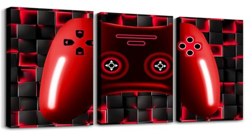 Homewish 3 Piece Gaming Wall Decor for Boys Gamer Room, Black Red Video Game Wall Art 30x40cm, Gamer Pictures Wall Decor for Kids Girls Teen Bedroom Playroom Geometric Gamepad Office Poster Prints