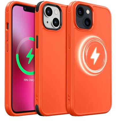 MobNano Magnetisch Hybrid Silicon Hülle für iPhone 13 Hülle, iPhone 14 Hülle [Kompatibel mit MagSafe][2-Sets Bumpers] Stoßfest Schutzhülle Magnet Dünn Handyhülle iPhone 13 14 Case Neon Orange
