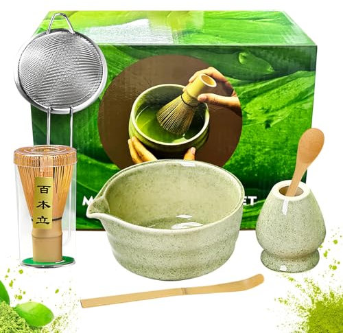 Matcha Set of 6, Matcha Whisk and Bowl, Whisk Holder, Spoon, Scoop and Strainer, Matcha Tea Set for Traditional Japanese Tea Lover