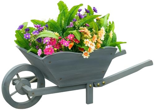 U.saf Wooden Wheelbarrow Planter for Garden, Rustic Outdoor Plant Holder with Fixtures Included, Easy Self Assembly, Decorative Flower Display for Patio, Balcony or Yard, 69 x 28 x 32cm