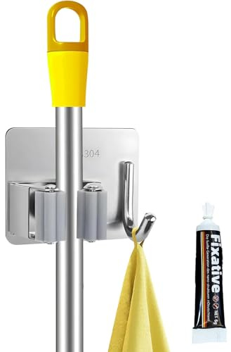 SHENGYIG Set of 1 Broom Handle Holder without Drilling - Stainless Steel Wall Mount for Mop, Broom & Garden Tools - Self-Adhesive Tool Holder with Hook (Silver) - Strong Adhesion, No Screws Needed