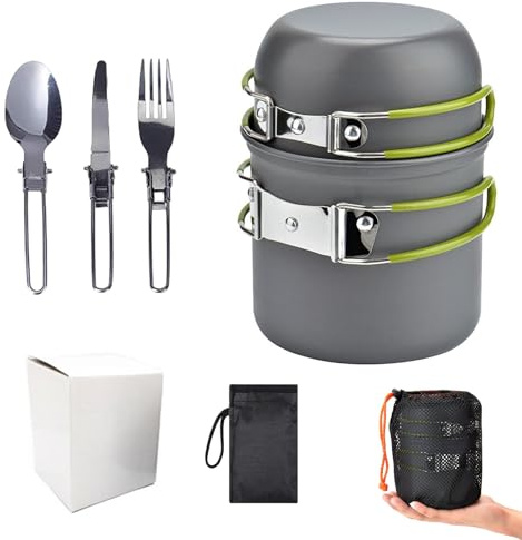 Portable Camping Cookware Set - 2-in-1 Picnic Pot & Pan with Foldable Cutlery | Lightweight Mess Kit for Backpacking, Hiking & Outdoor Cooking (1-2 People, Easy to Clean, Green)
