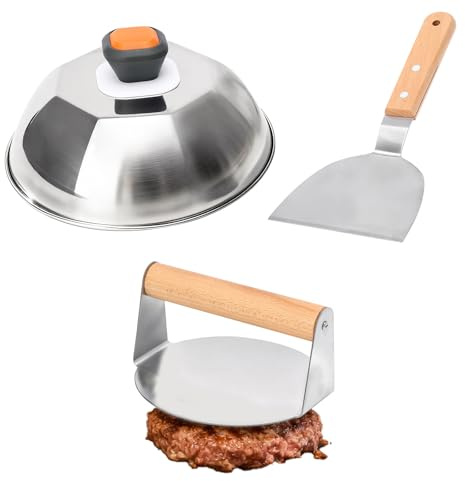 Smash Burger Press Kit - Burger Press, 9 Inch Basting Cover, Grill Spatula Hamburger Press Tools for Flat Top Griddle Grill Cooking, Bacon, Steak