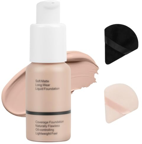 ALIIP Matte Foundation, Full Coverage Foundation mit Puderquaste, Flüssige Foundatio Wasserfest und Langanhaltend, Wischfest, Makeup für Mischhaut, Fettige Haut, #102