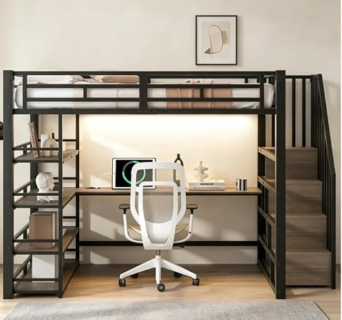Easexcy 140x200 Metall-Hochbett mit Treppe, integriertem Schreibtisch, Staufächern, USB-Ladestation und LED-Licht, Weiß (Black)
