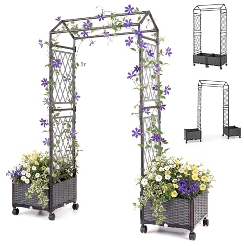 HOMASIS Arche de Jardin 2 en 1 avec 2 Jardinières sur roulettes, en Métal et Rotin PP, Jardinière Surélevée avec Treillis pour Plantes Grimpantes, pour Jardin, Mariage (Gris, 80 x 40 x 162 cm)