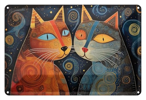 Wallario Blechschild Wandbild aus Metall Kosmische Katzenfreunde - 20 x 30 cm in Premium-Qualität: Brillante Farben
