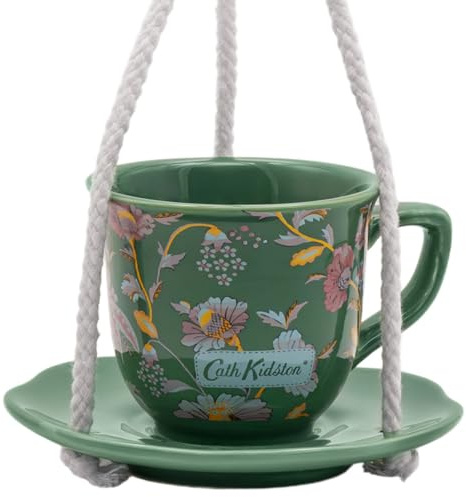 Cath Kidston Teacup & Saucer Bird Feeder, Ceramic Floral Hanging Feeder for Suet, Seed or Peanuts, Decorative Wild Bird Feeder for Garden, Patio & Balcony - 14cm