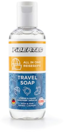 FIBERTEC Travel Soap 100ml - All-in-1 Reise-Seife flüssig, Körperpflege, Waschmittel & Geschirrspülmittel in einer Universal-Lösung, Made in Germany
