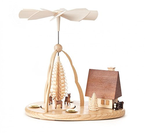 DREGENO Seiffen Pyramide mit Rehen und Räucherhaus, Holz, Natur, 22.5 x 14 x 24 cm