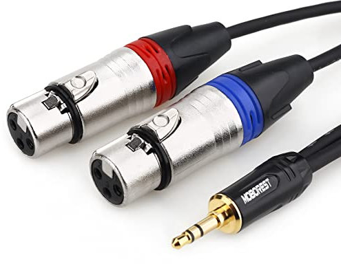MOBOREST Dual XLR to 3.5mm Jack Splitter Patch Cable, 3.5mm TRS Stereo Male to 2 XLR Female aux cable with mic -0.5Meters