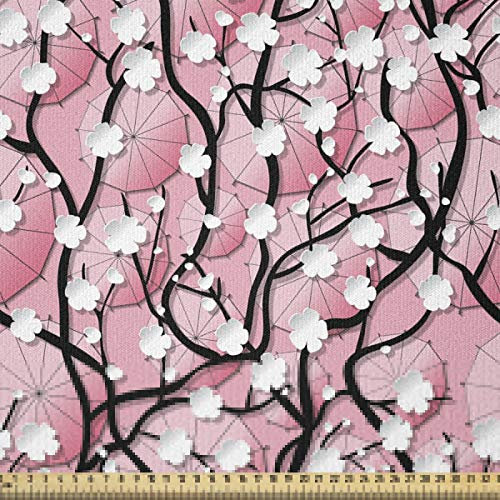 ABAKUHAUS Japonais Tissu au Mètre, Parapluies Arbre Sakura, Tissu en Polyester Décoratif pour Rembourrage et Décoration d'Intérieur, 1M (148x100cm), Noir Rose