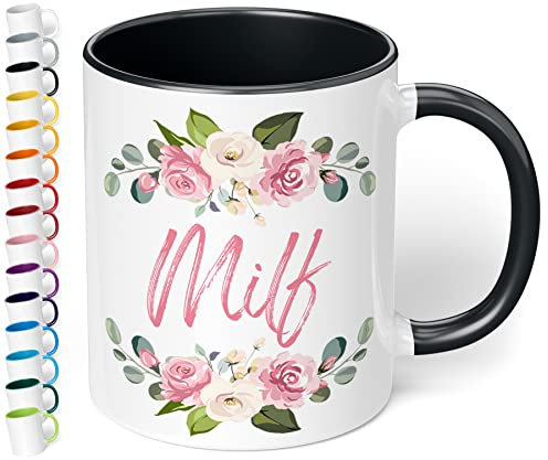 True Statements Lustige Tasse MILF - Kaffeetasse mit Spruch als Geschenk - beidseitig bedruckt - spülmaschinenfest, innen schwarz