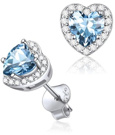 Boucles d'oreilles Coeur Femme Argent Clou d'oreilles Aigue Marine Bleu Claire Pierre de Naissance Mars Bijoux Brillant Cadeau Anniversaire