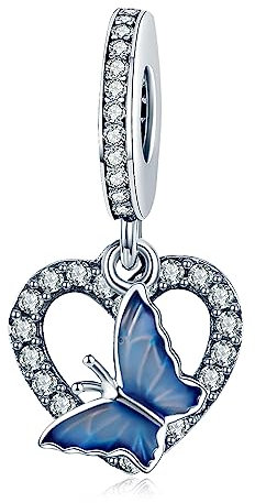NINGAN blu farfalla Charms fit Pandora Charms Bracciali, 925 Sterling Silver Bead Heart Charm per bracciali e collane, perfetto regalo di San Valentino per le donne moglie mamma