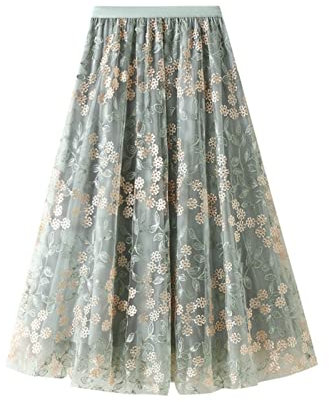 SotRong Überlagerter, mehrlagiger Tüllrock für Damen, elastischer, hoch taillierter A-Linien-Midirock, Mesh-Chiffon-Faltenrock mit Blumendekoration, N-Grün, Einheitsgröße